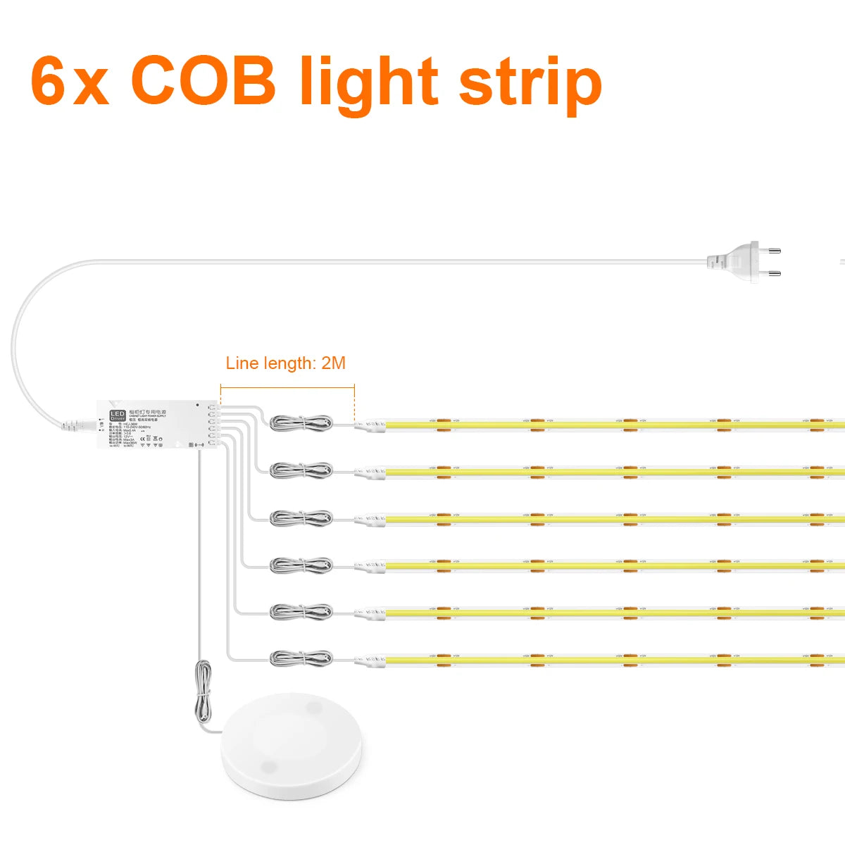 6-pack COB LED strip light kit with 2 m cable, plug, and touch sensor