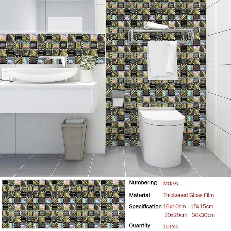 10pcs Flat Mosaic Style Tiles Sticker Kitchen Bathroom Waterproof & Oilproof Art Wall Sticker Peel & Stick Surface Glossy Film