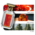 100ml rectangular glass perfume bottle with gold cap and red label, featuring saffron, amber, and cedar notes.