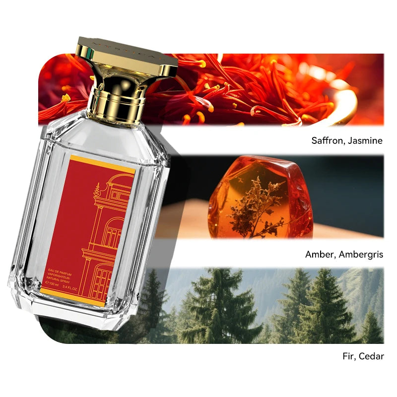 100ml rectangular glass perfume bottle with gold cap and red label, featuring saffron, amber, and cedar notes.
