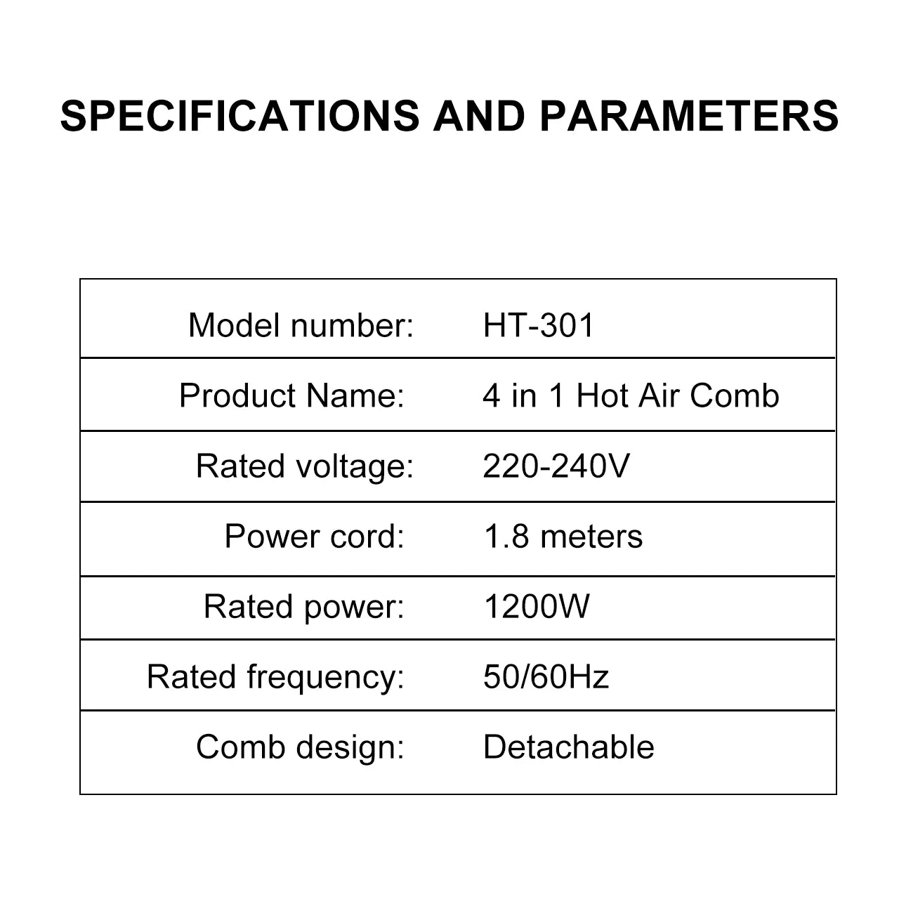 Hatteker 4-in-1 hot air brush specification table showing 1200W power and detachable styling comb heads.