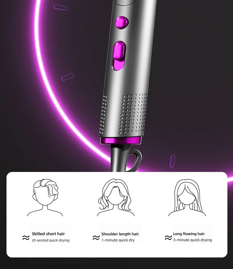 2400W foldable hair dryer in silver with pink buttons, showing quick-dry settings for short, medium, and long hair.