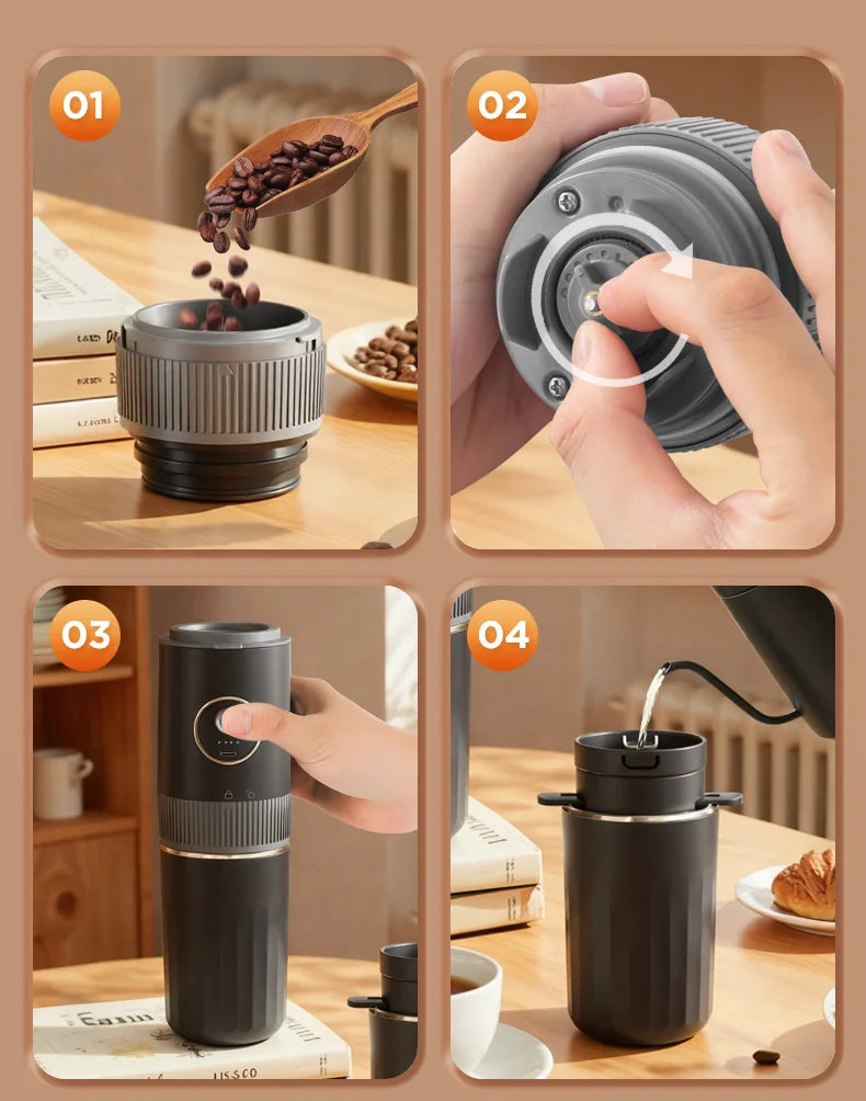 Portable black electric coffee grinder with adjustable burr, USB charging, and drip pour-over brew mug set.