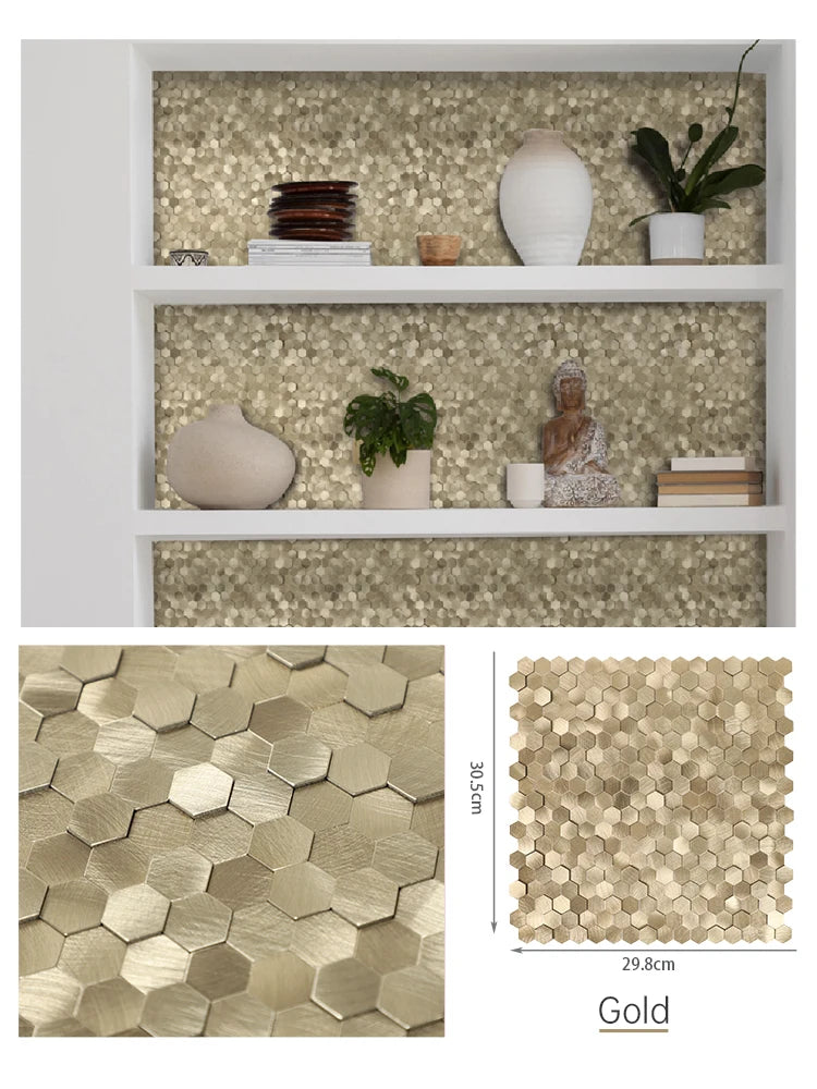 Gold hexagon 3D metal peel-and-stick backsplash tiles, self-adhesive wall squares