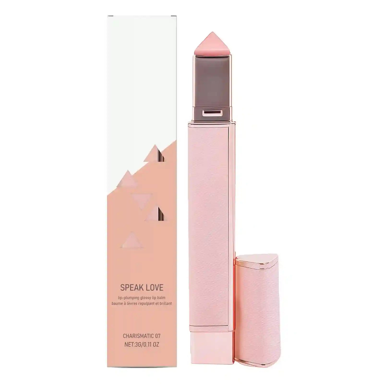 Charismatic 07 pink glossy lip balm stick in textured rose gold casing with matching product box for hydrated lips.