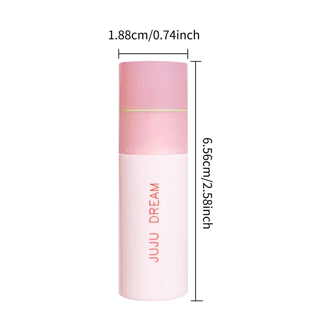 JUJU DREAM matte lip glaze in a pink cylindrical tube with size measurements, long-lasting velvet lip makeup product.