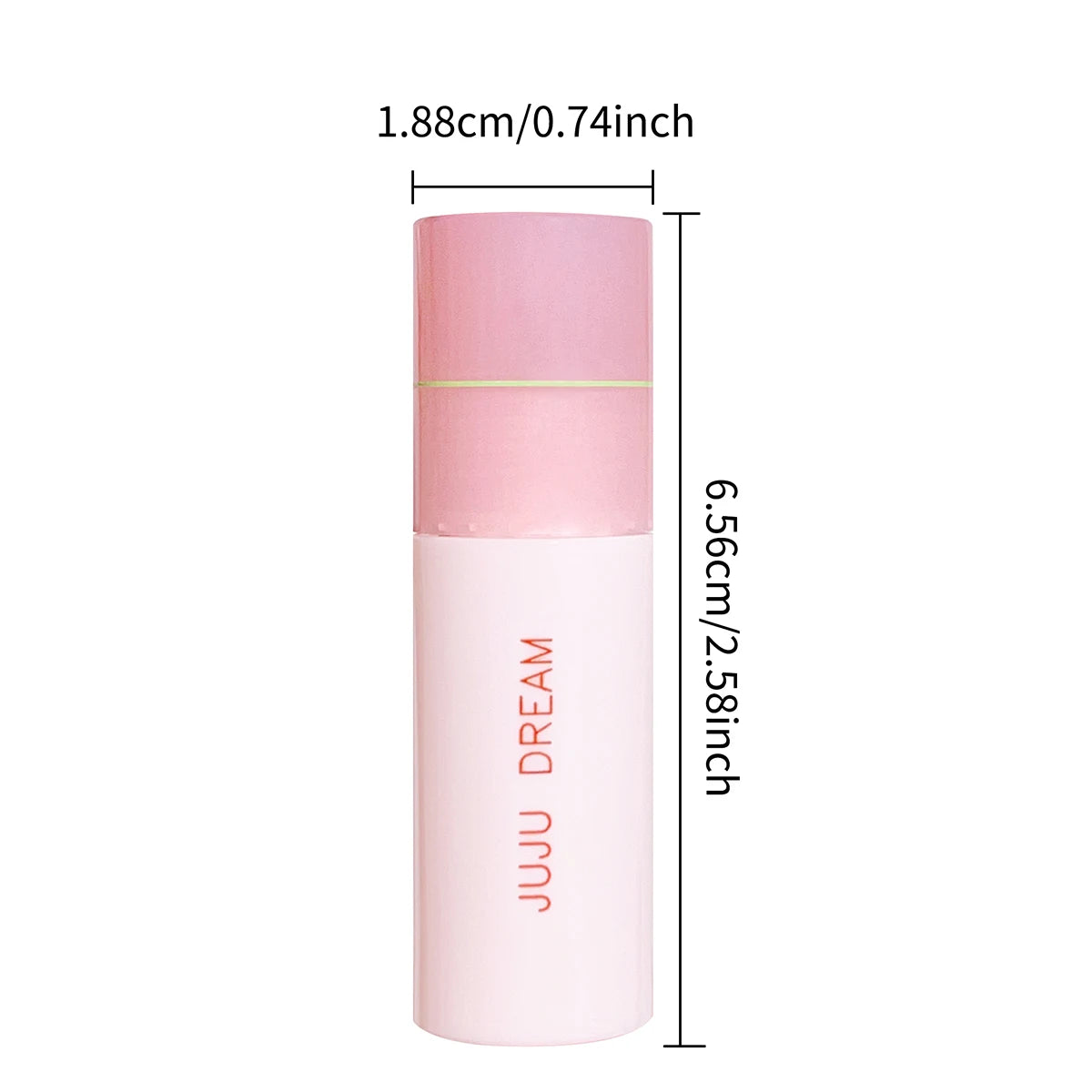 JUJU DREAM matte lip glaze in a pink cylindrical tube with size measurements, long-lasting velvet lip makeup product.