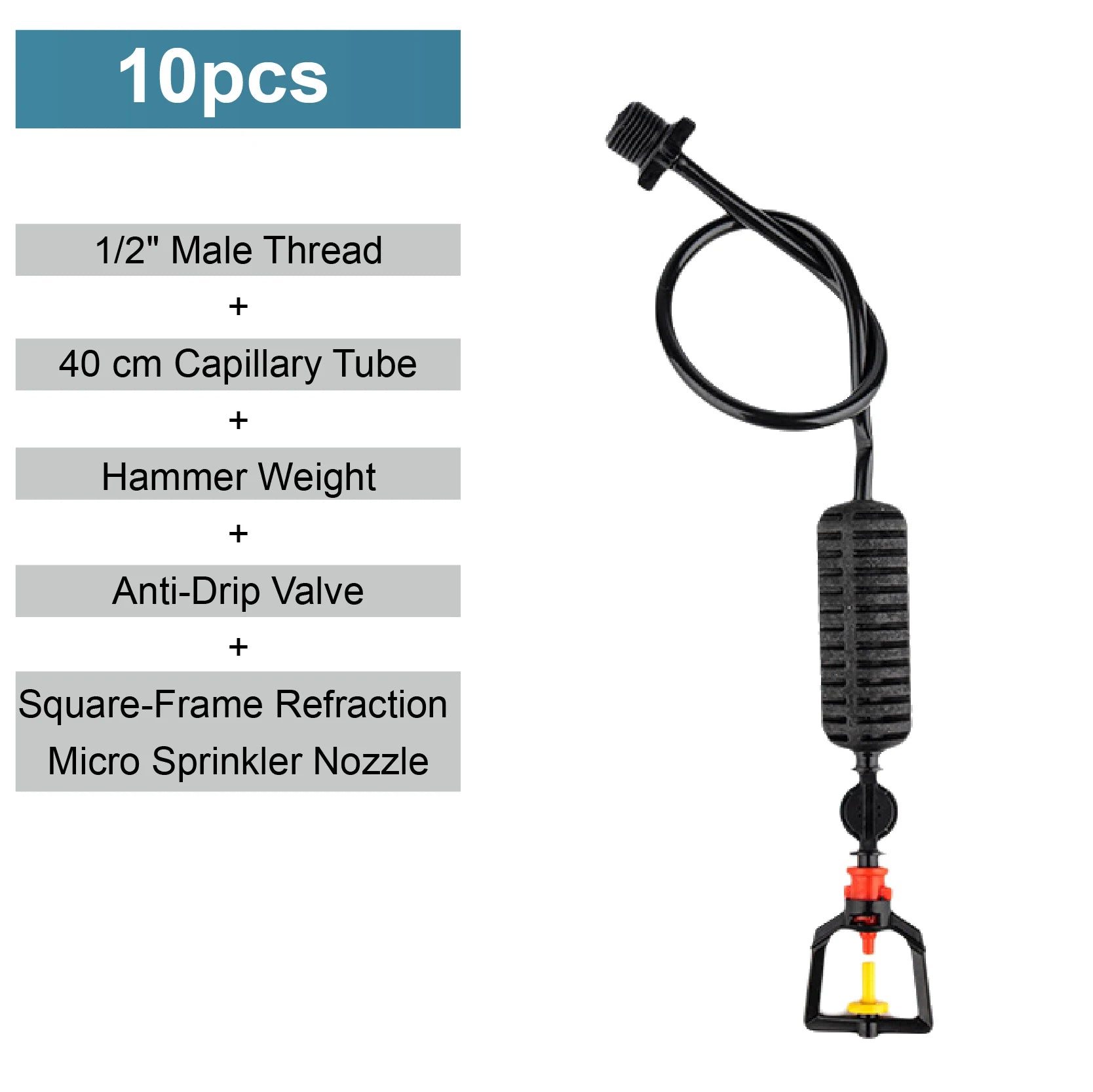 Garden hanging mist sprayer with black tube and red-and-yellow micro sprinkler frame