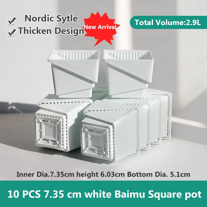 White 7.35 cm square succulent plastic pots with drainage holes, 10 pcs