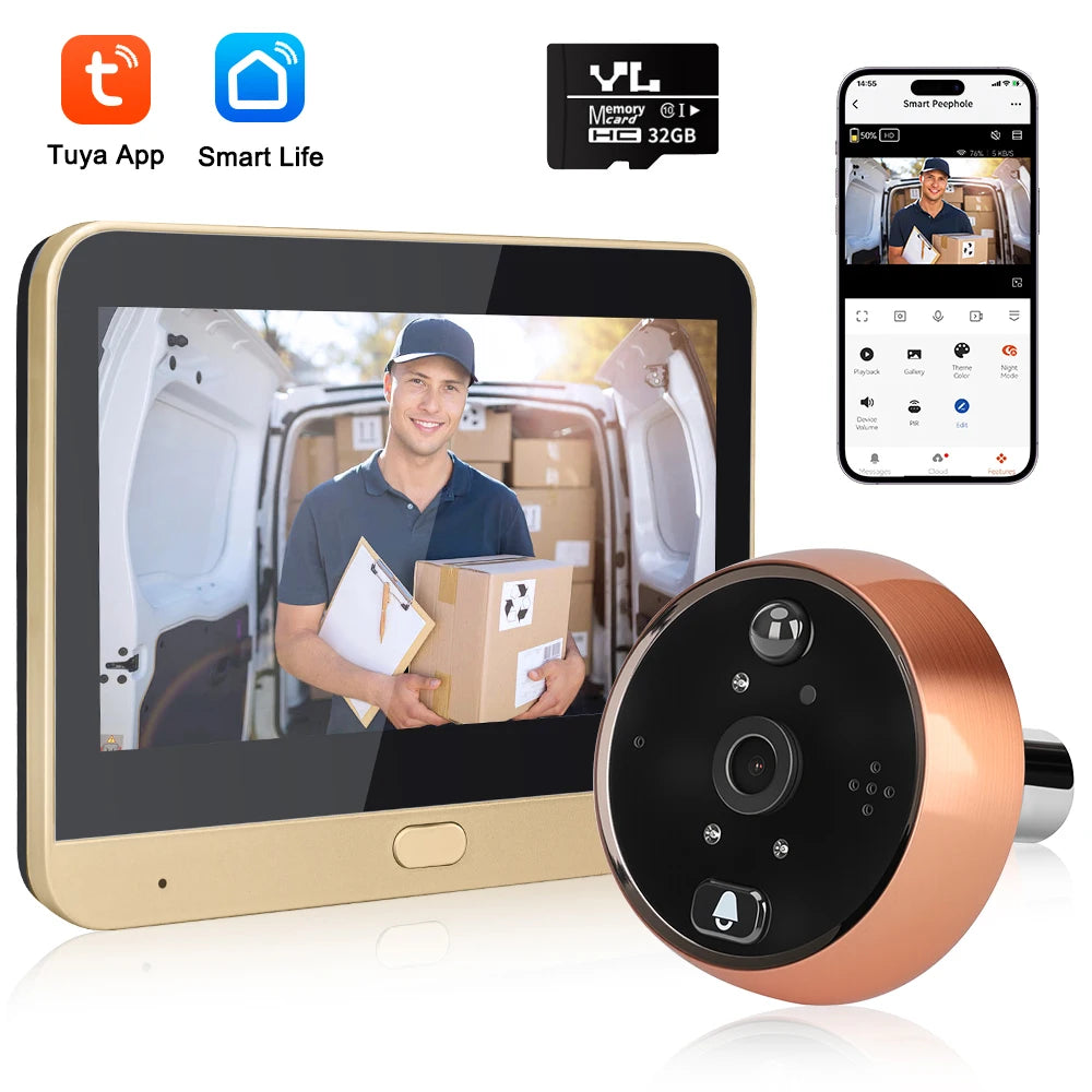 Smart peephole doorbell camera kit with indoor monitor and phone app live view