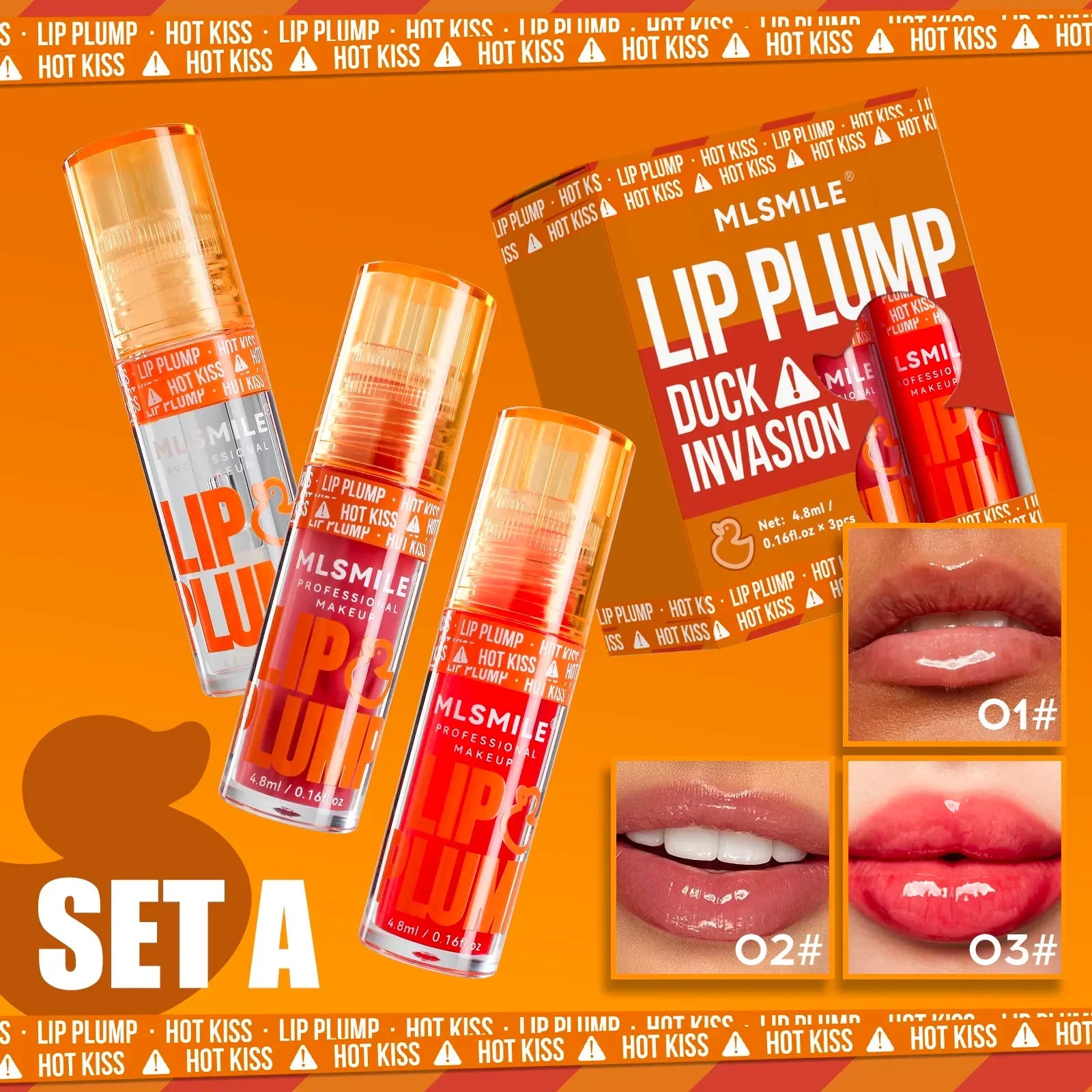 3-piece MLSMILE lip oil plump set with clear, pink, and glossy hydrating textures for voluminous, shiny lips.