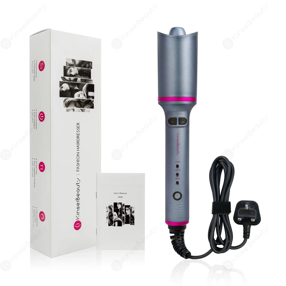 Kinseibeauty professional hair curling iron in grey with pink accents, 3-speed heat settings, and packaging box.