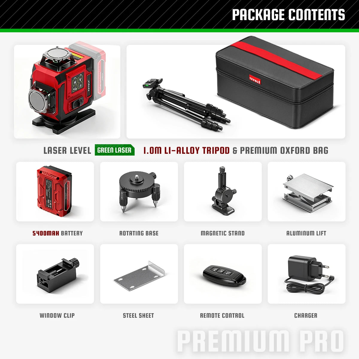 Green laser level kit with red laser unit, black case, rotating base, magnetic stand, aluminum lift