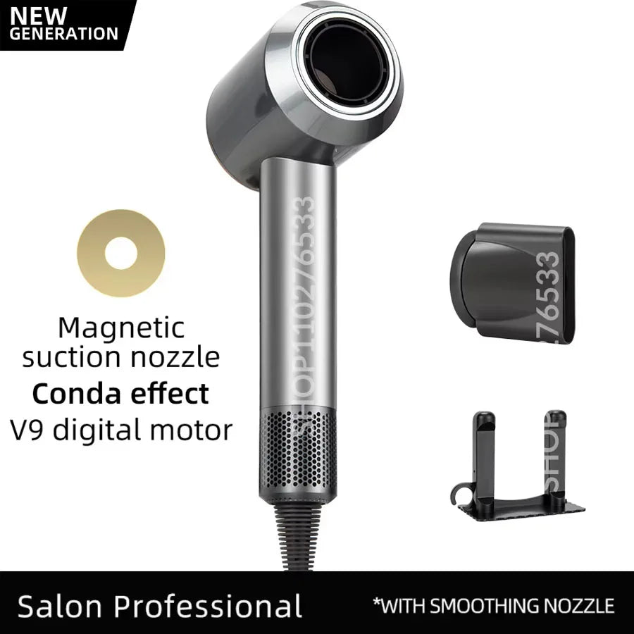 Grey ionic 5-in-1 hair dryer with magnetic nozzle, V9 digital motor, and professional salon styling attachments.