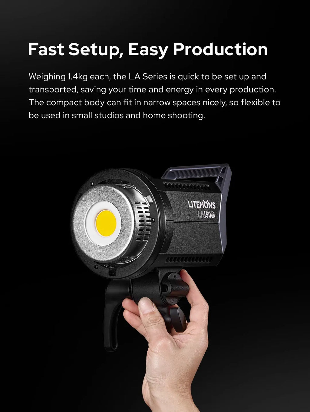 Litemons LA150D compact black LED studio light with a circular yellow COB head, held by hand for easy positioning.