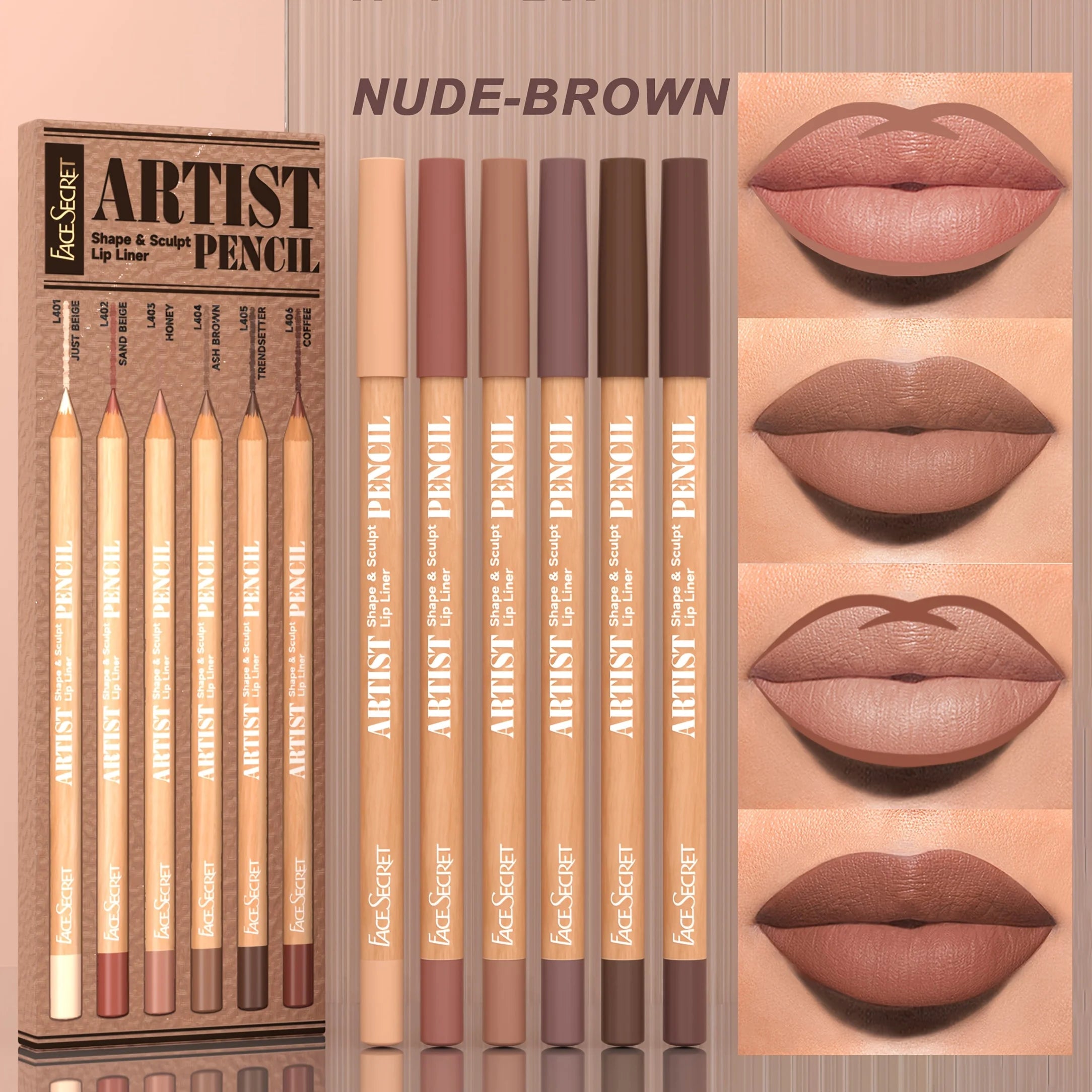 6pc nude brown lip liner set with velvety matte finish. Long-lasting waterproof makeup pencils for defined lips.