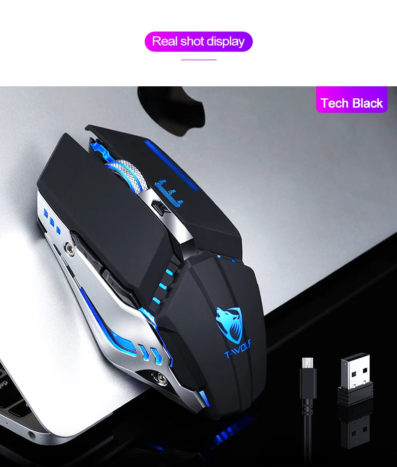T-WOLF Thunderwolf Q15 Rechargeable Wireless Mouse RGB Glow Game Office Silent Laptop 2.4g Rechargeable Wireless Mouse