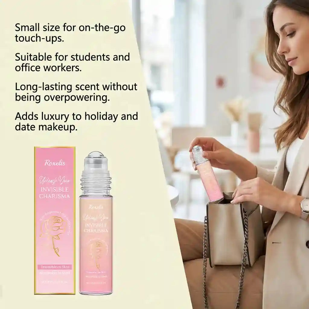 Invisible Charisma perfume oil roll-on in a small, pink gradient glass bottle, designed for portable fragrance use.