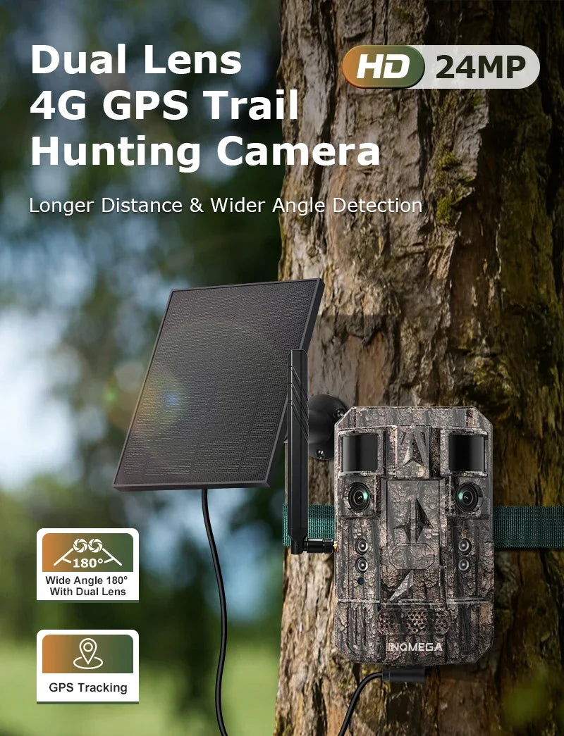 INQMEGA 24MP Dual Lens Solar 4G GPS Hunting Trail Camera AI PIR 180° Wide Angle Night Vision IP66 Outdoor Wildlife Camouflage