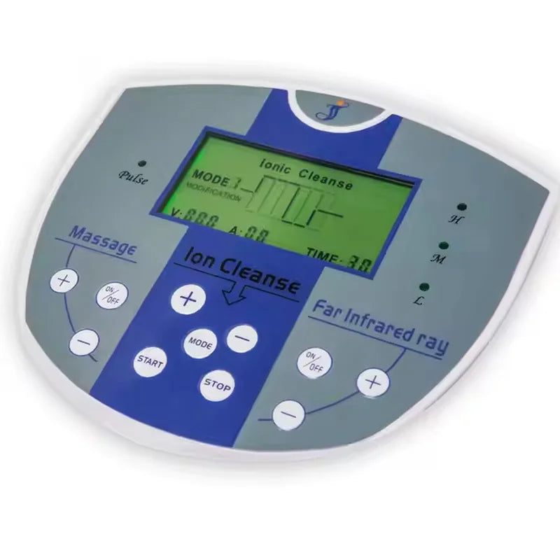 Gray and blue ionic foot bath detox machine console with digital display, buttons for massage and far infrared settings.