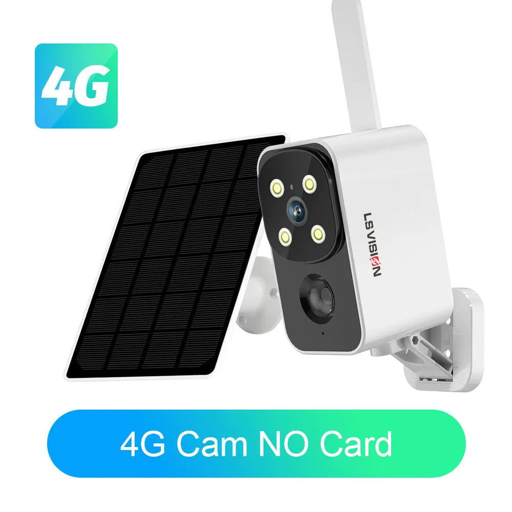 Outdoor solar security camera with solar panel and 4G icon overlay