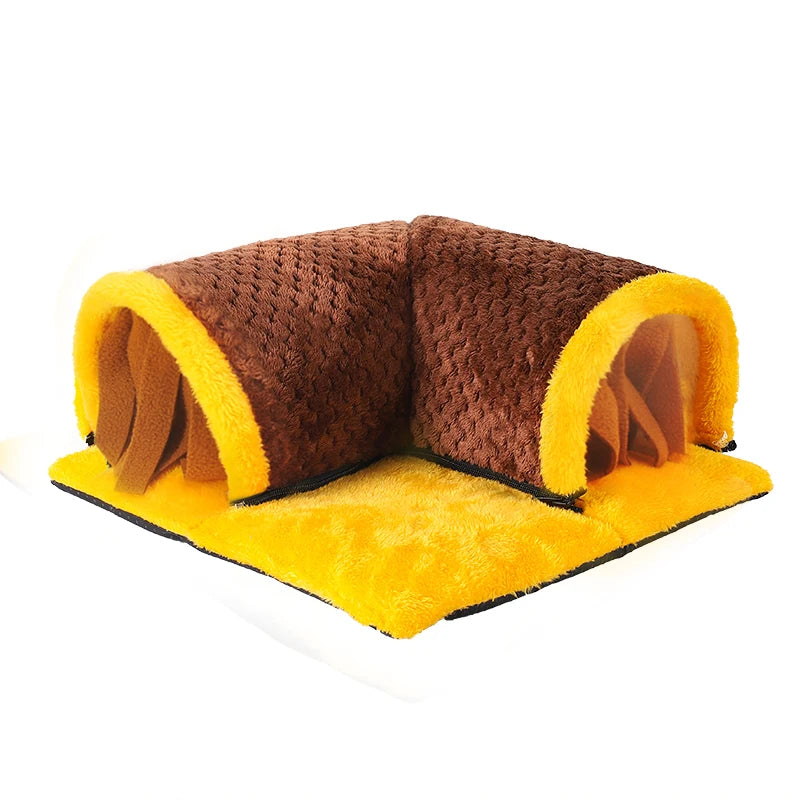 Brown and yellow L-shaped soft fleece guinea pig tunnel hideout with a plush base and cozy internal fabric strips.