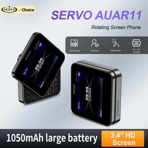 Black SERVO AUAR11 rotating screen mini phone, dual SIM, speed dial, and 2.4-inch HD display.