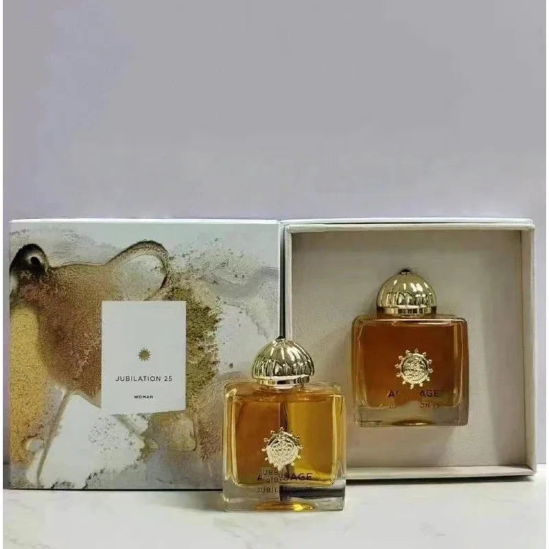 Amouage Jubilation 25 EDP, luxury unisex woody oriental fragrance, square glass bottle with gold dome cap in gift box.