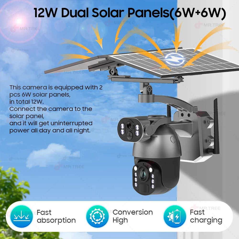 4K 50X Optical Zoom Solar Camera 10MP Dual Lens Home Outdoor 4G Sim PTZ Surveillance WIFI Security AI Auto Tracking CCTV IP Cam