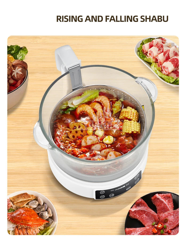 Rice cooker with stainless inner pot, clear lid, and raised lifting handle