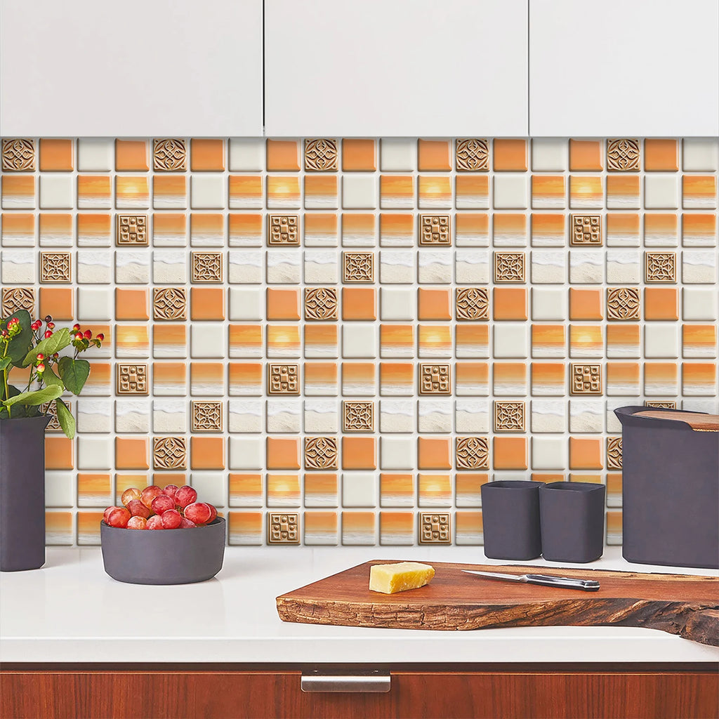 10pcs Flat Mosaic Tiles Sticker Set Kitchen Bathroom Wall Decals Gloss Waterproof Film 2D Surface Cover Transfers for Home Decor
