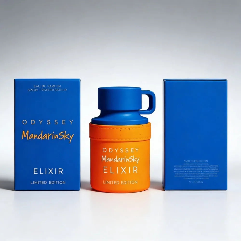 Odyssey Mandarin Sky Elixir: 100ml unisex EDP, Arabic luxury perfume, orange leather bottle with floral notes.