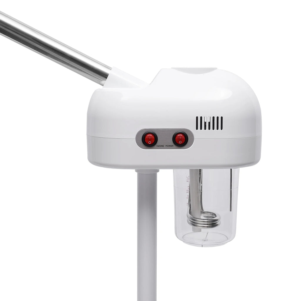 Professional 800W white facial steamer with adjustable metal arm, 750ml clear water tank, and ozone power switches.