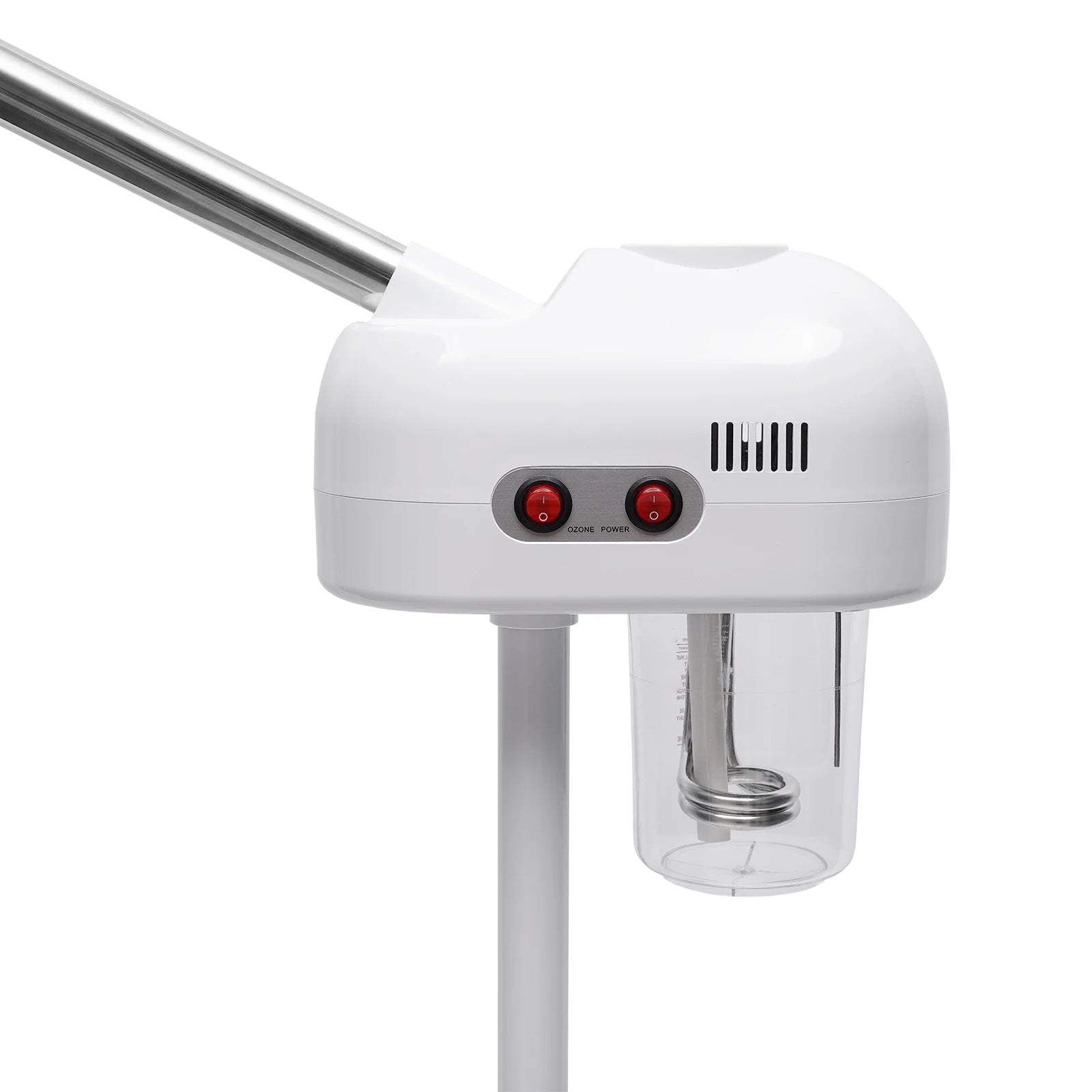 Professional 800W white facial steamer with adjustable metal arm, 750ml clear water tank, and ozone power switches.