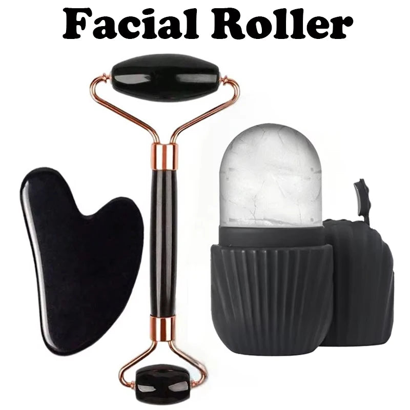 Skincare set with black stone gua sha, dual-ended black jade facial roller with rose gold, and a black ice roller tool.