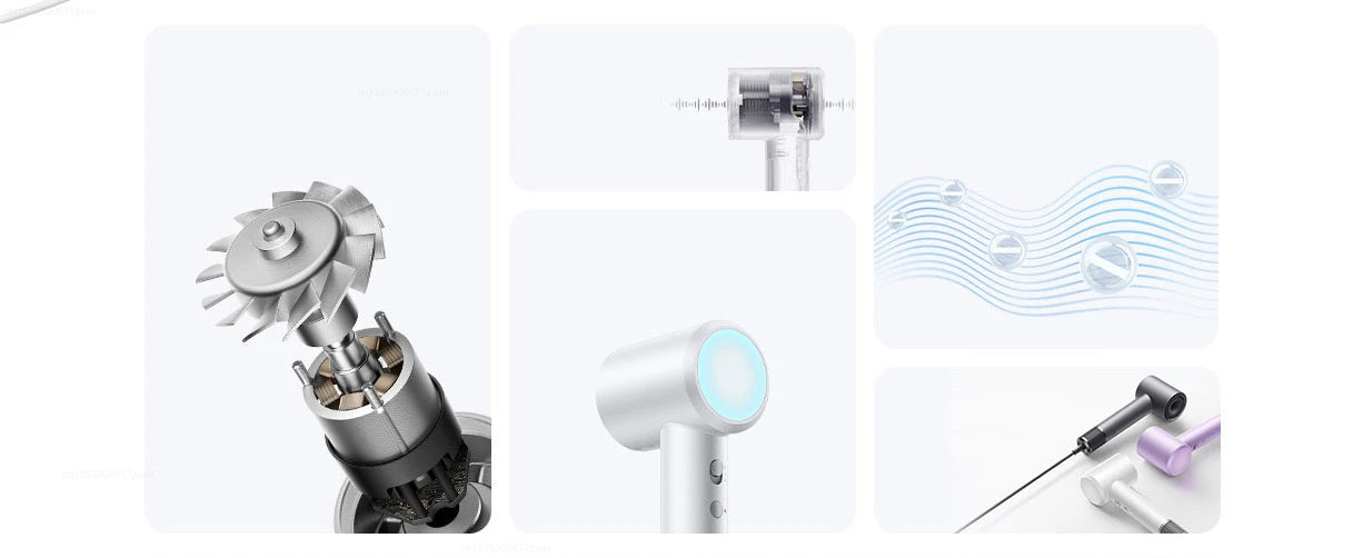 Mijia H501 high-speed hair dryer features: 110k RPM motor, negative ions, and sleek design in multiple colors.
