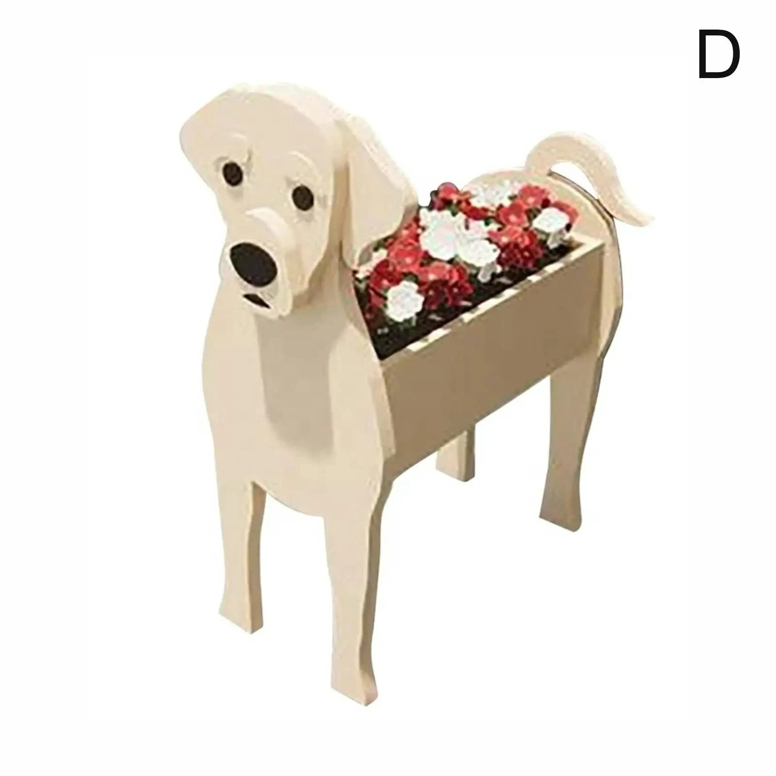 Cream-colored PVC dog-shaped planter by Tidesmit featuring a built-in container filled with small red and white flowers.