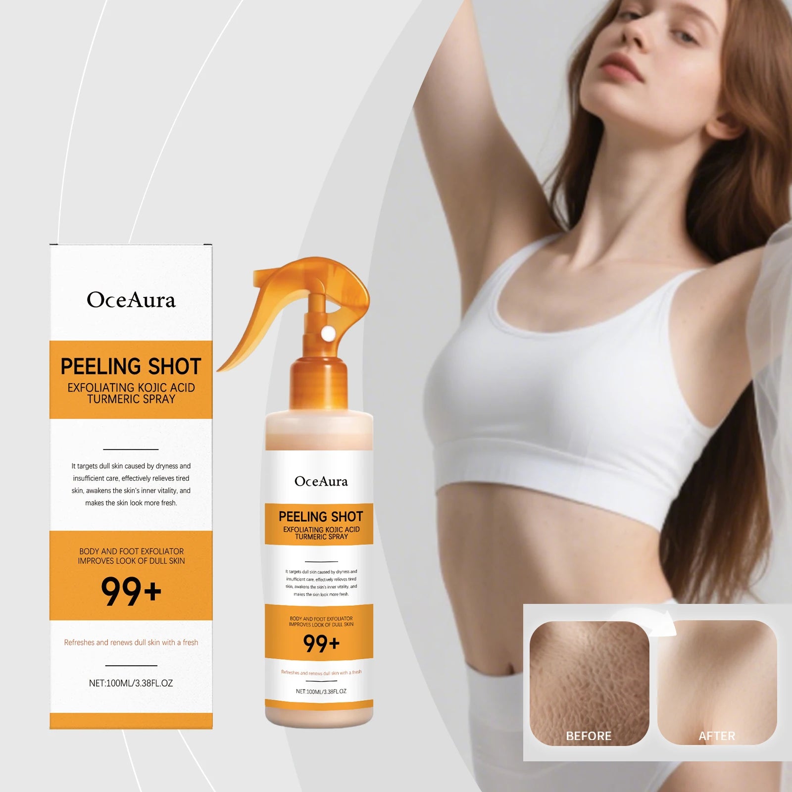 Kojic Acid Turmeric Body Exfoliating Spray with Hyaluronic Acid Niacinamide for Brightening Dark Spots Gentle Exfoliation 100ml