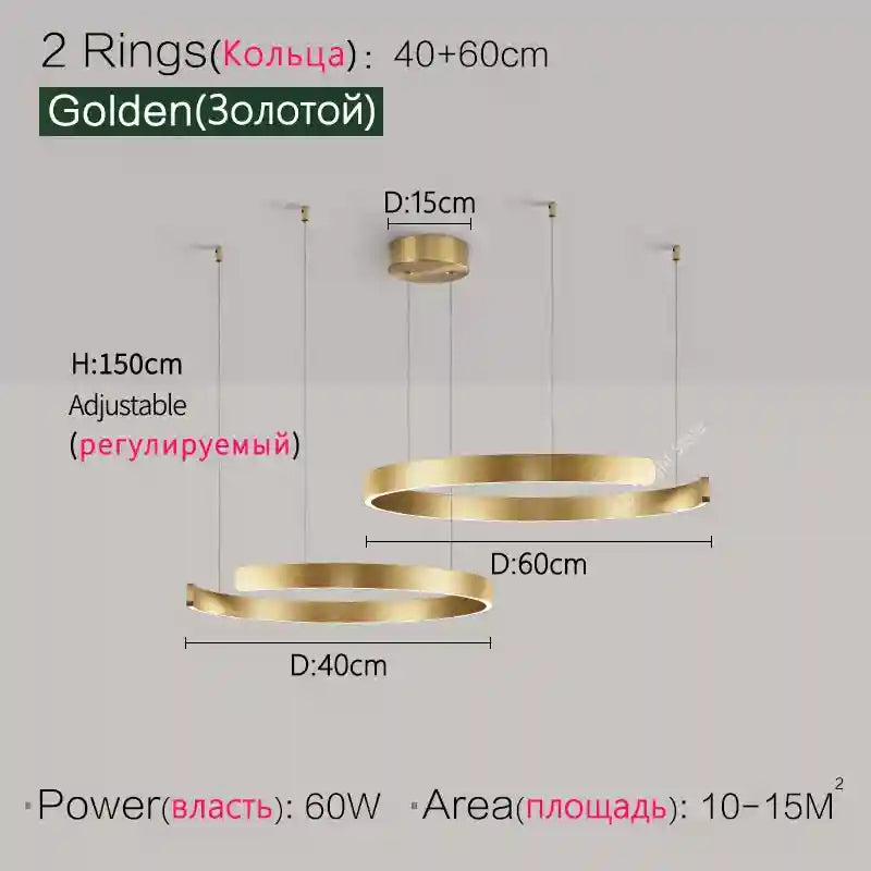 Modern 3-Ring LED Chandelier - Adjustable Dimmable Black Finish Golden 2 Rings S Tidesmit
