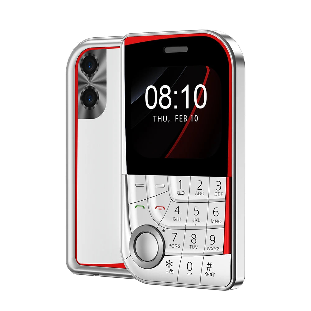 Mini 2G card phone with keypad, white/gray body and red trim