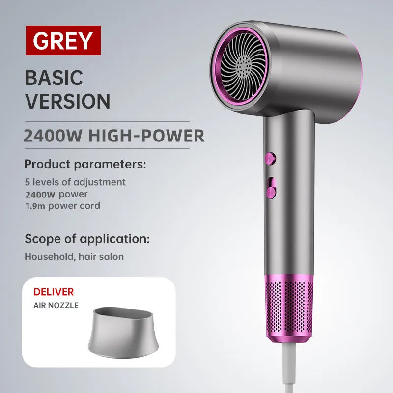 Grey 2400W high-speed hair dryer with pink accents, negative ion tech, and included styling nozzle for home or salon.