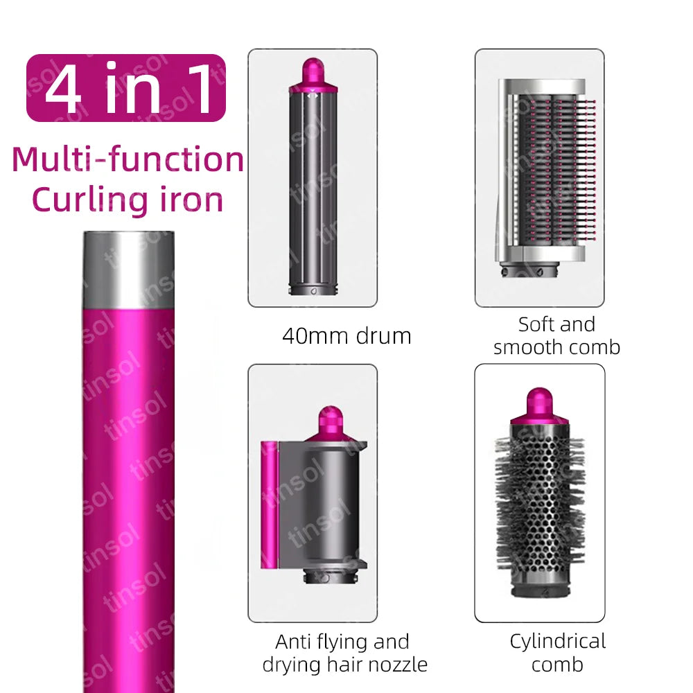 4-in-1 pink high-speed hair dryer set with curling barrel, smoothing brush, round comb, and drying nozzle attachments.