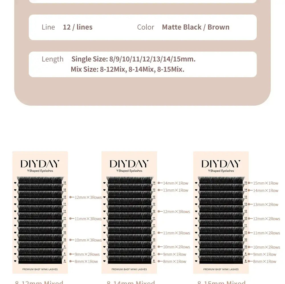 DIYDAY YY Shape Eyelash Extensions C D L LU Curl Brown Lashes Natural Soft Premade Volume Fans Two Tips Y-Shaped False