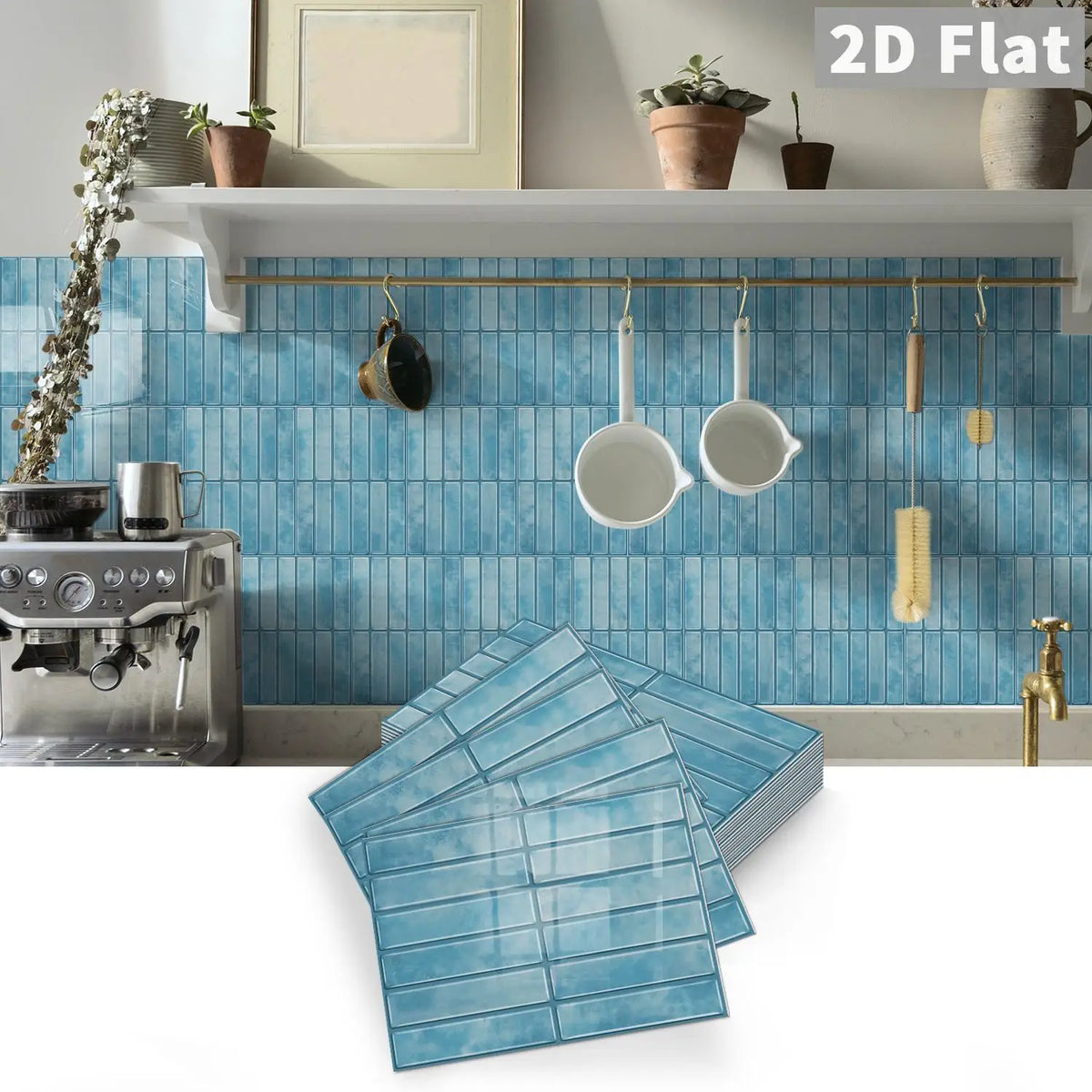 Self-adhesive tile decals, 2D flat grid sheet in blue with raised grout lines