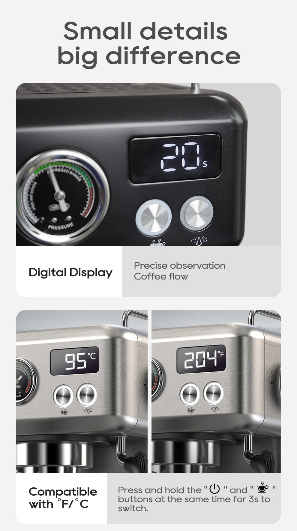Black and stainless steel espresso machine with digital temperature display, pressure gauge, and simple control buttons.