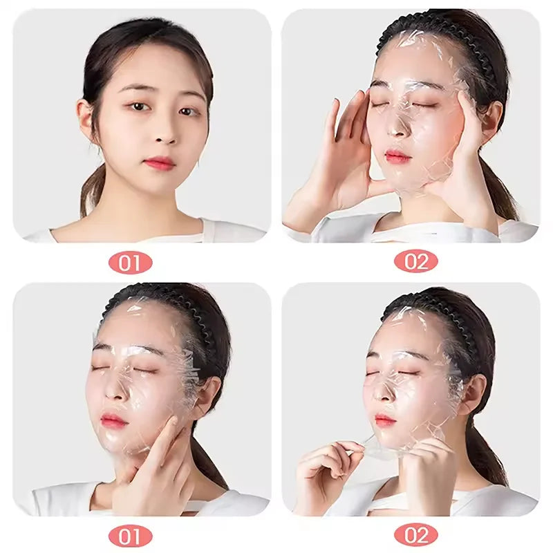 Clear, thin, adhesive plastic facial wrap being applied and removed from a woman's face to seal in skincare products.