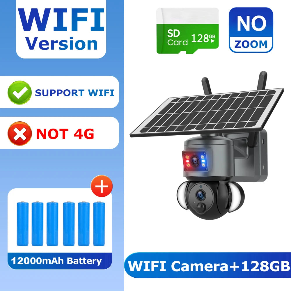 Solar dual-lens security camera with two antennas, PTZ turret, and integrated floodlight.