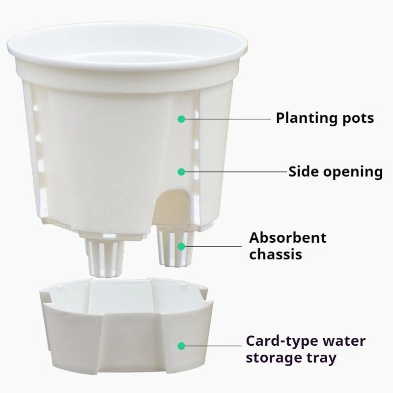 White round self-watering hydroponic flowerpot with double-layer tray and side openings