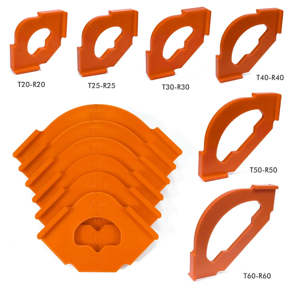 Woodworking corner trimming template set, orange plastic arched cutout corner templates