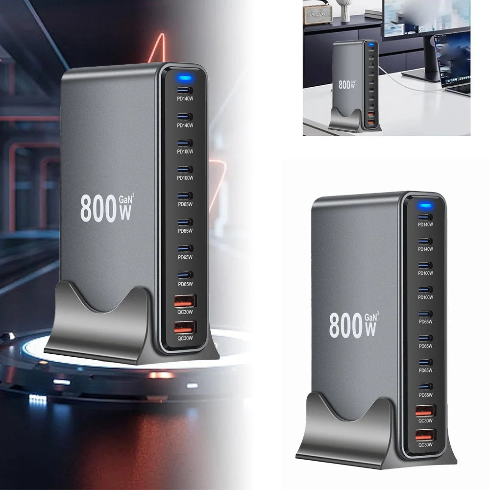 800W GaN 10-Port USB-C Desktop Charger - Fast Multi-Device Power Station Tidesmit
